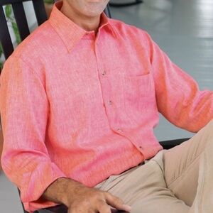 Ben Silver Charleston Linen Button DowShirt Pink Orange made in France